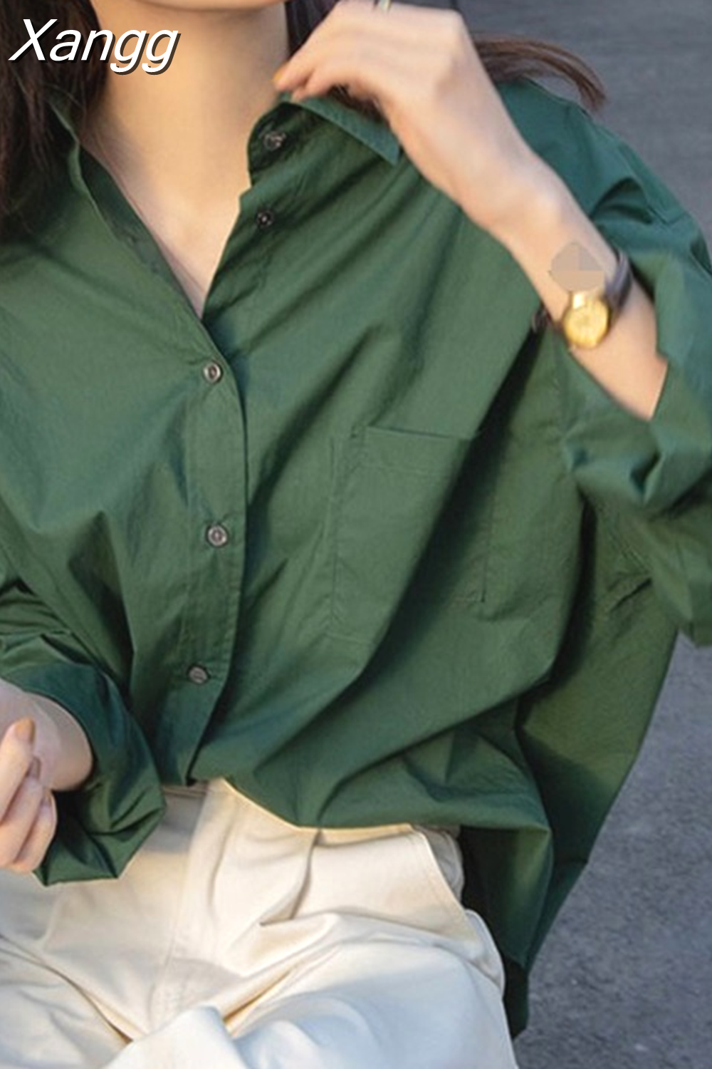 Punklens Spring Korean Fashion Buttoned Shirts Female Basic Pocket Blouses Retro Green Shirt Oversized Women's Clothing Blouses New