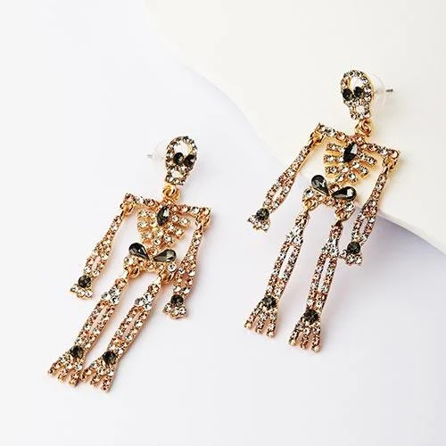 Gold Rhinestone Skeleton Earrings Dangle
