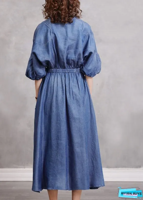 Vintage Blue Embroidered Elastic Waist Long Denim Dress Lantern Sleeve