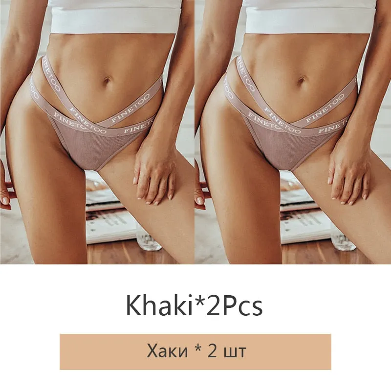FINETOO 2Pcs/set Sexy Thongs Women Cotton G-string Panties Letter Bikini Underwear Girls Cross Belt Low-rise Underpants Lingerie