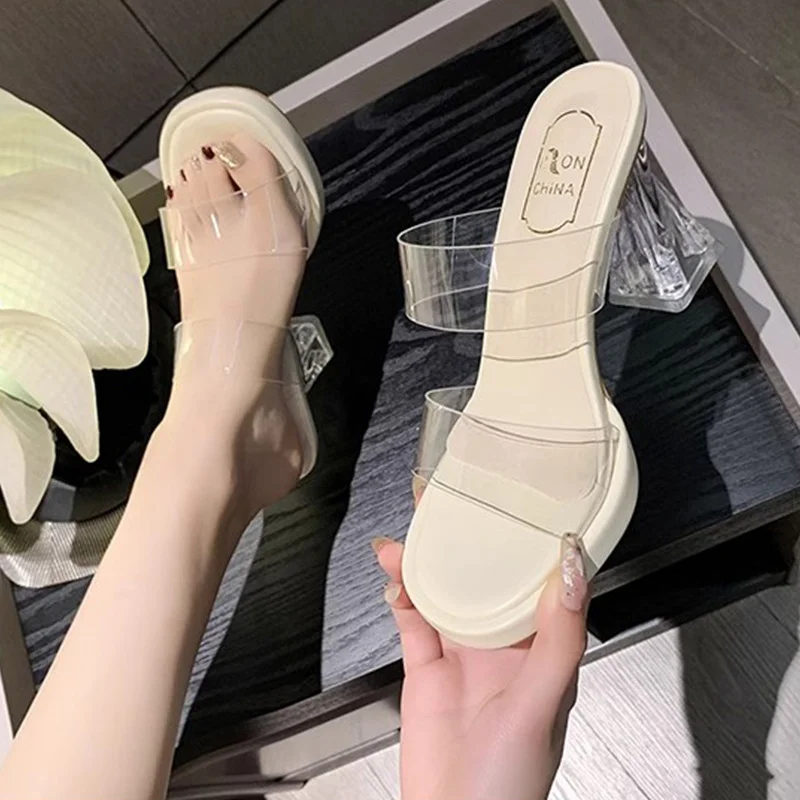 Breakj Breakj On The Thick Background Waterproof Table Transparent Word With High-Heeled Slippers Women Summer Wearing Crystal And Coarse And Cold Slippers