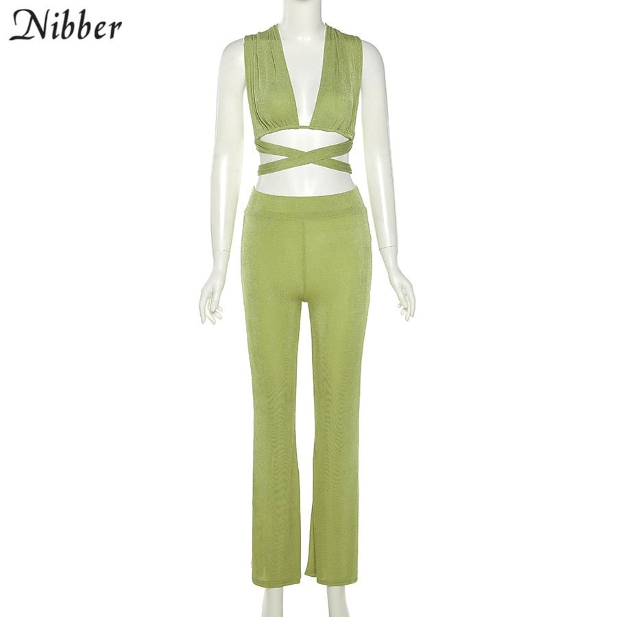 Nibber Summer Sexy 2 Two Piece Sets Women Buckle Criss-Cross Cleavage Top+Vintage Flare Corset High Waist Pants Club Streetwear