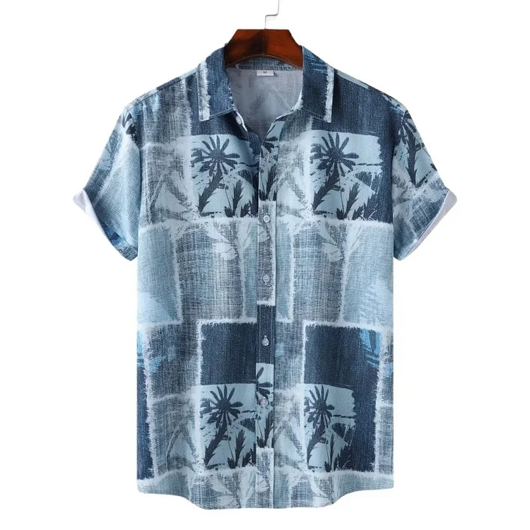 Simpfit Herrenhemd im Retro-Stil mit geometrischem Kokosnussbaum-Motiv, Nachahmung aus Nachahmung aus Baumwolle und Leinen, gemütlich