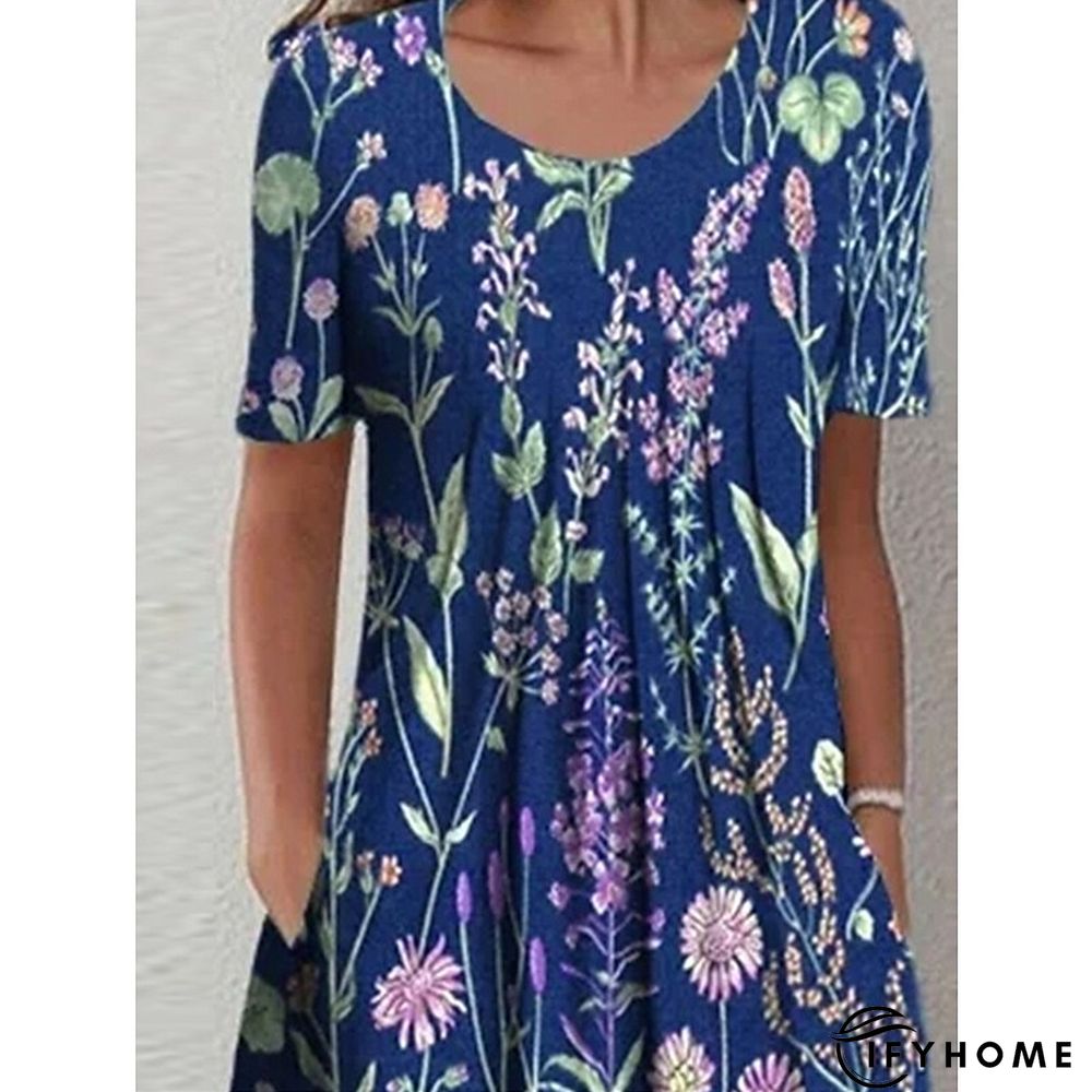 Women's Casual Dress Floral Dress Print Dress Floral Pocket Print Crew Neck Midi Dress Active Fashion Outdoor Home Short Sleeve Loose Fit Blue Dark Blue Spring Summer S M L XL XXL | IFYHOME