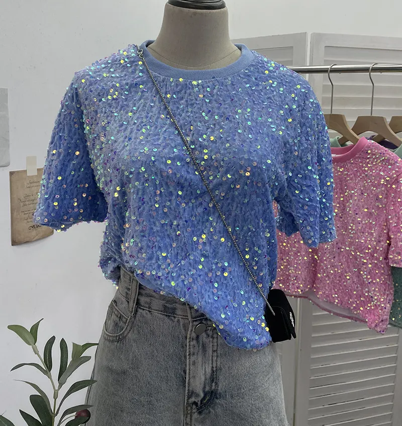 Nigikala Nigikala Sequin Short Sleeve T-Shirt 2025 Spring And Summer Korean Version Of Loose Night Club Bling Top 9088