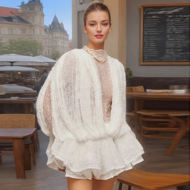 Woherb French Famous Style Long-Sleeved Short Dress 2025 New Fashion Transvele Mesh Yarn Sexy Lotus Leaf Side Short Dress Woman