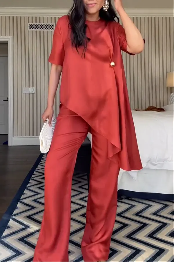 nice Satin Metal Button-detl Asymmetric Top and Elastic Wst Loose Pants Set