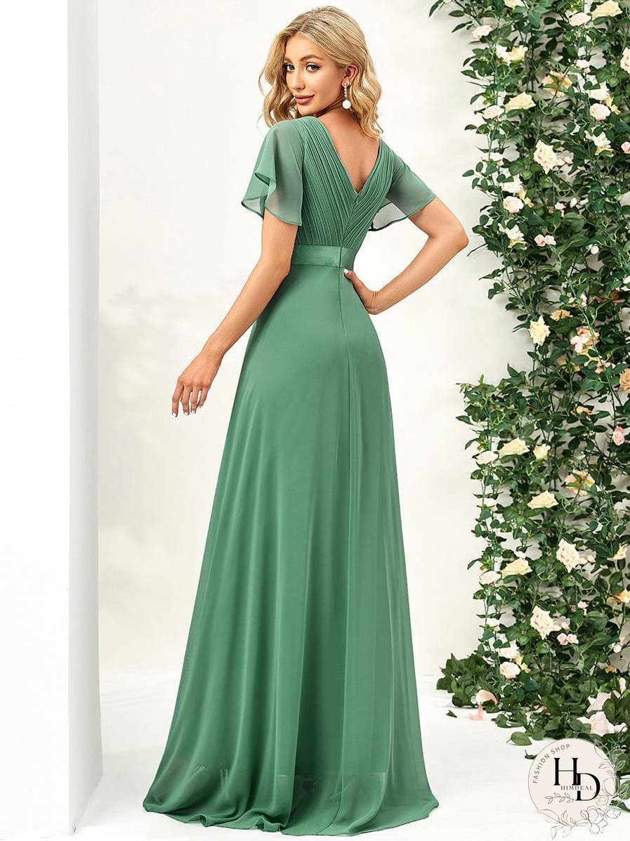 Elegant Double V-Neck Ruffled Padded Evening Gowns