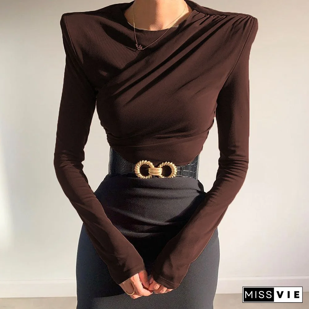 O Neck Brown Long Sleeve Crop Top Women Basic Casual Autumn Winter Sexy T Shirts Black Ruched Streetwear Fashion