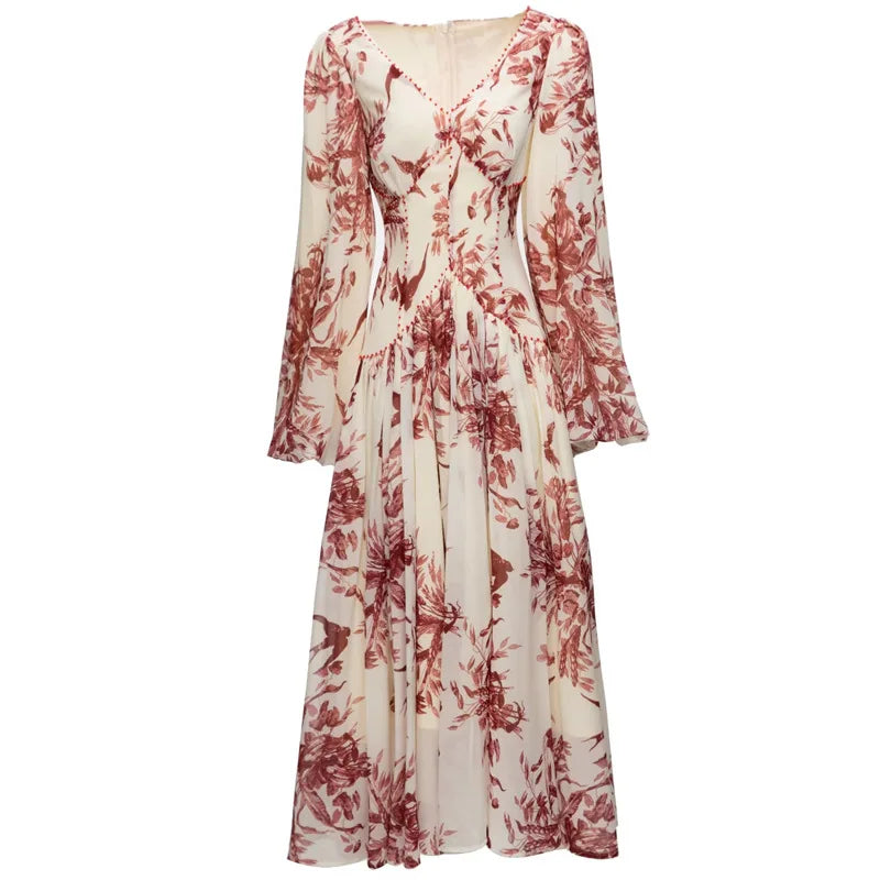 Llyge French Summer Midi Fashion Floral Beading High Waist A Line Party Dresses Women Vintage Elegant Lantern Sleeve Chic Casual Dress llyge