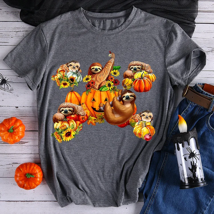 Cute Sloths Pumpkins And Sunflower Halloween  T-shirt Tee -595732-Annaletters