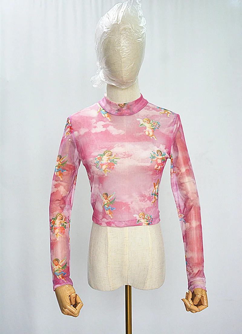 Uveng Uveng Women's Mesh Hollow Out Butterfly Print Long Sleeve Crop Short T-Shirt Bottom Shirt Women