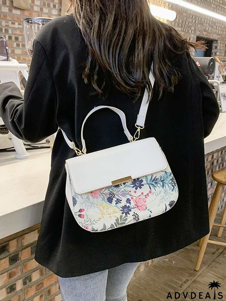 Floral Metal Decor Flap Satchel Bag