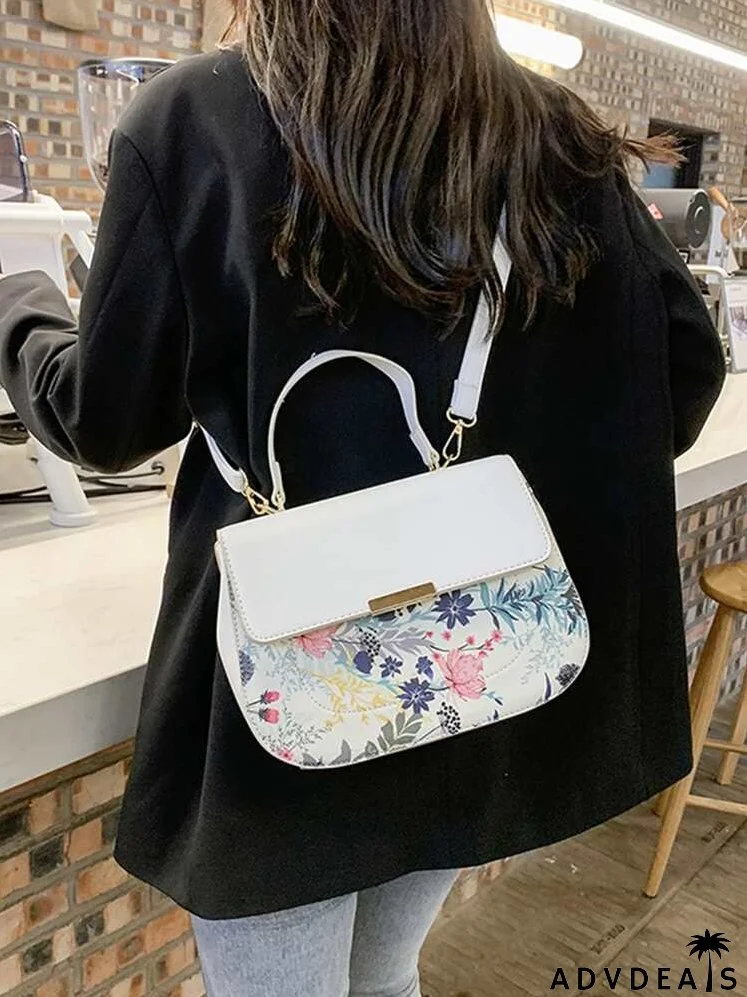 Floral Metal Decor Flap Satchel Bag