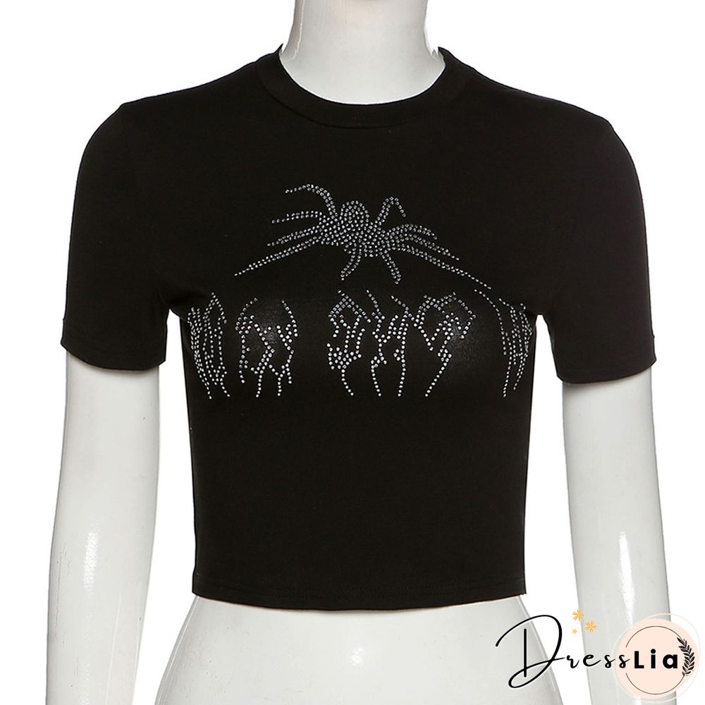 Punk Vintage Rhinestone Spider Graphic Black T-shirts Mall Goth O-neck Short Sleeve Crop Tops E-girl Aesthetics Tees