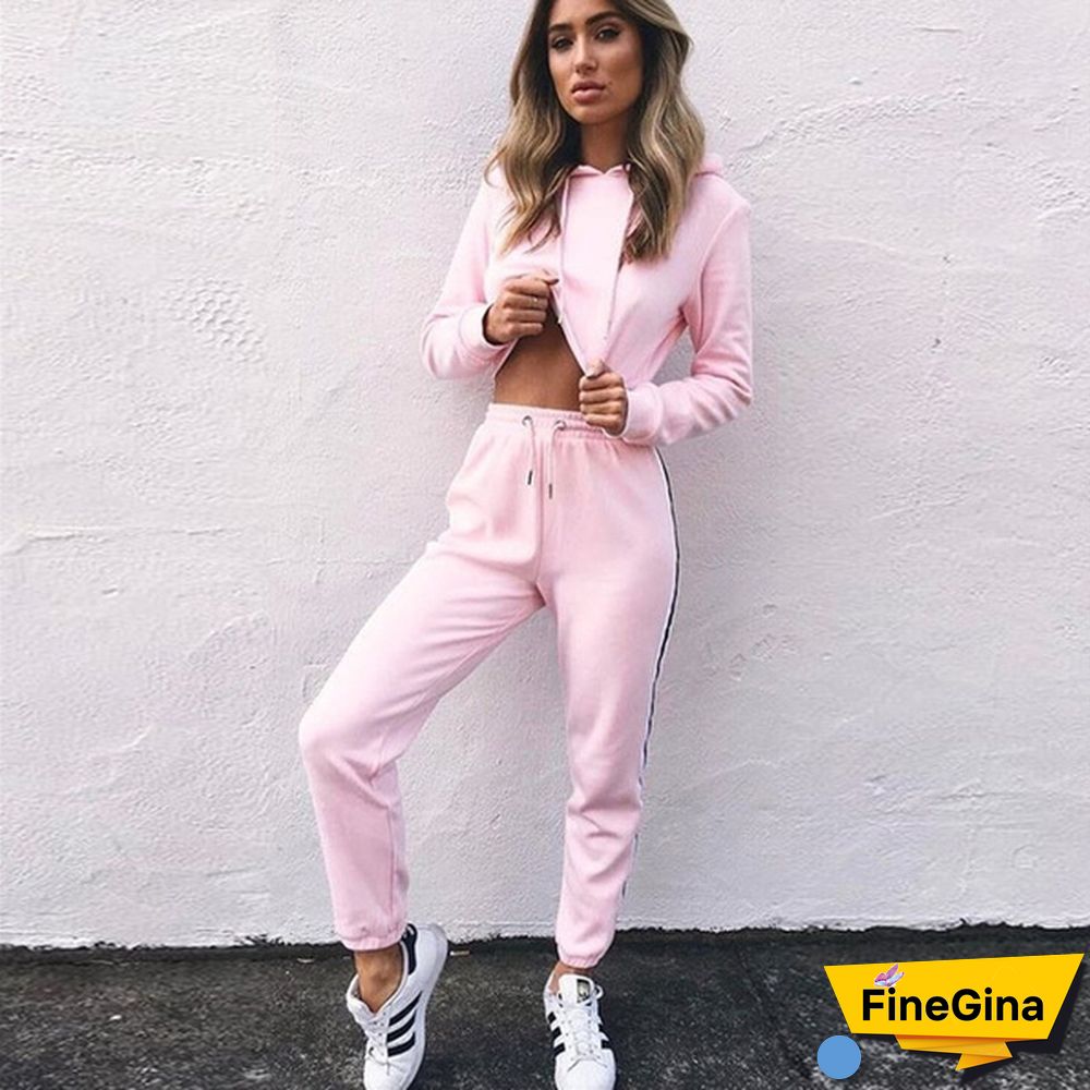 Trending Women's Long Sleeve Casual Suit Lady Fashion Hooded Sweatshirt And Striped Long Pants Two Pieces Outfit For Women