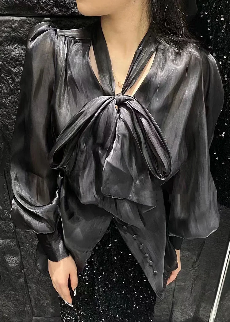 Black Solid Button Silk Shirt Bow Long Sleeve