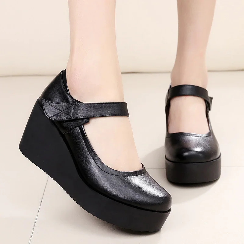 Colourp Spring Leather Shoes Women Platform Wedges Shoe High Heels Round Toe Comfortable Black Women Pumps Large Size 33-43