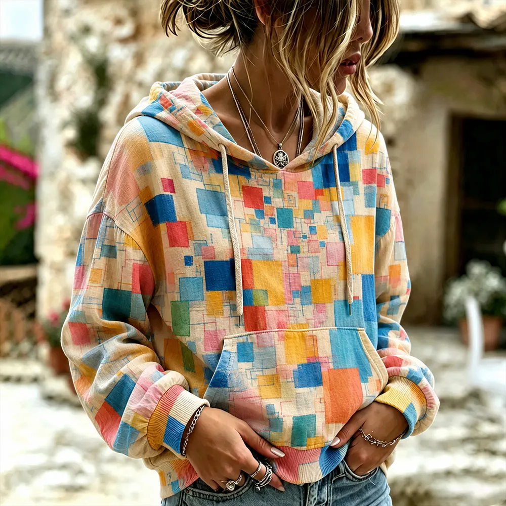 Comstylish Women's Vintage Colorful Geometric Art Casual Crew Neck Long Sleeve Sweatshirt