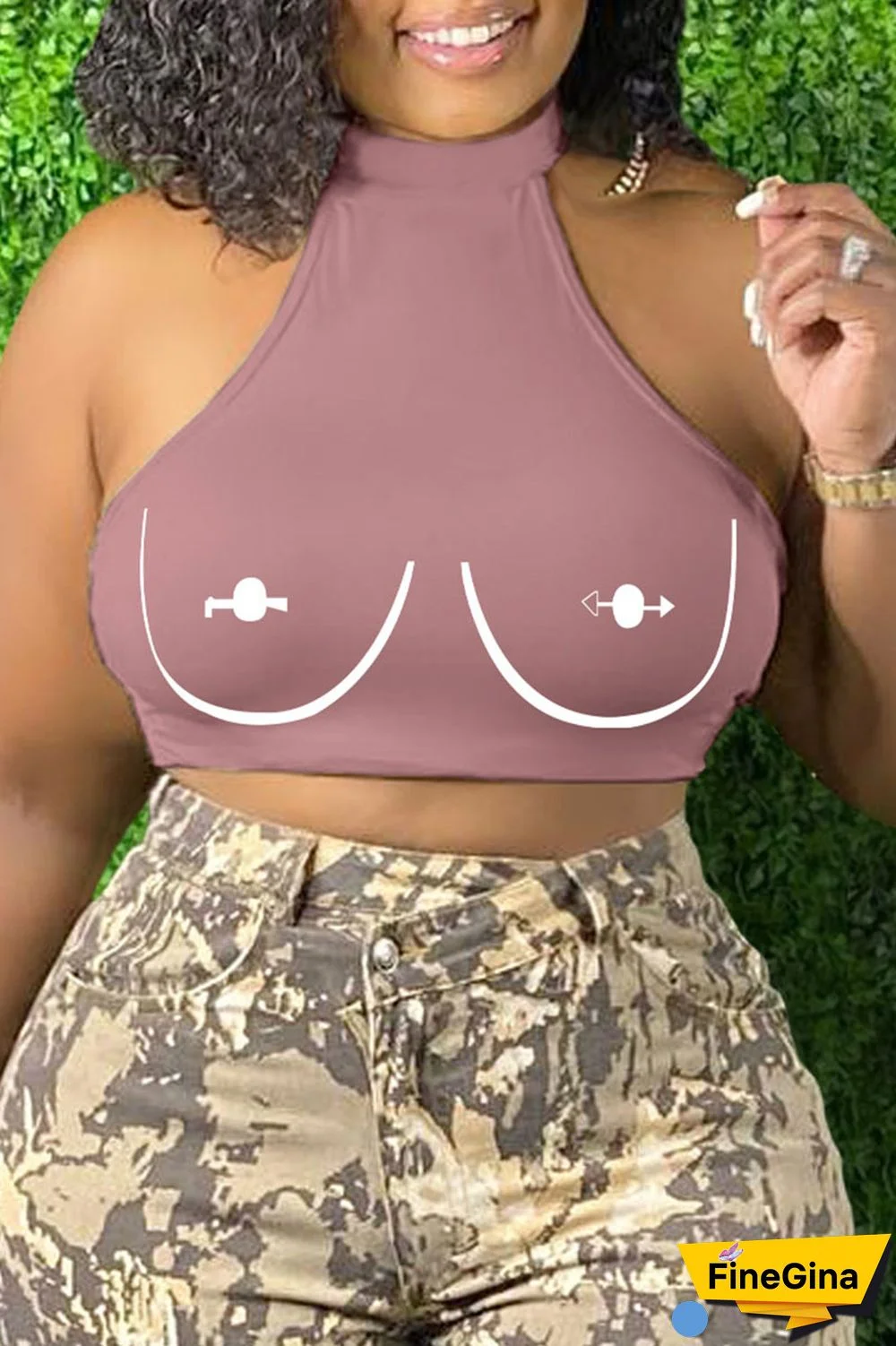 Brick Red Sexy Print Patchwork O Neck Tops