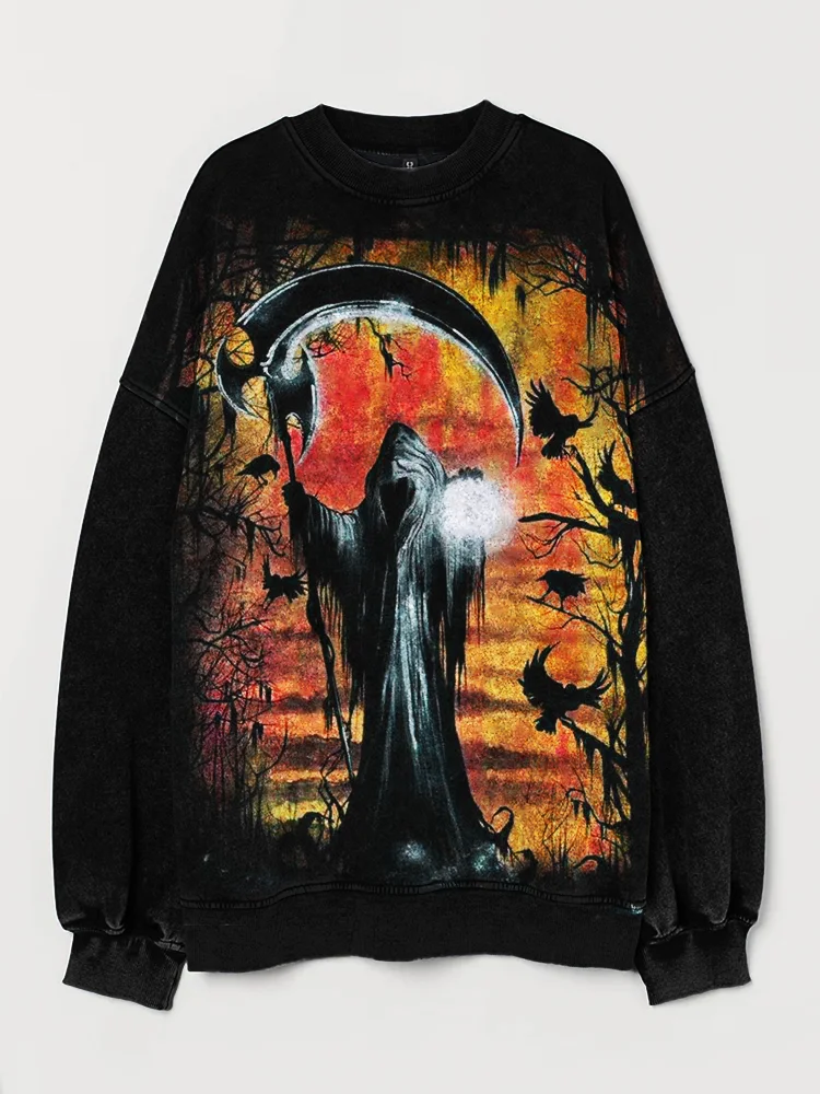 Wearshes Spooky Grim Reaper in Forest Washed Sweatshirt