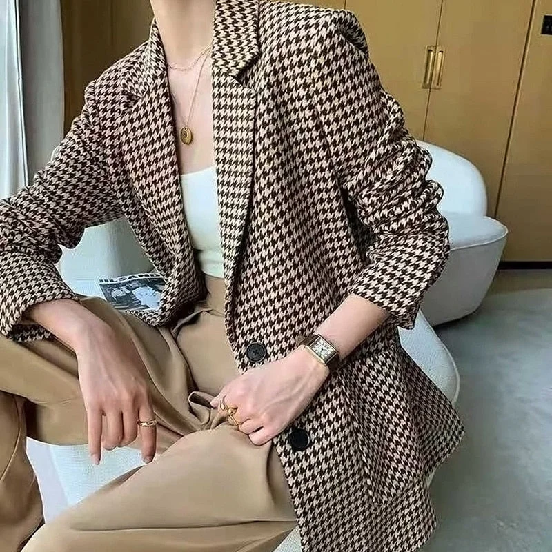 Office Lady Autumn Plaid Small Fragrance Coat Large Loose Temperament Woolen Suit Small Suit Thousand Birds Special Suit Women
