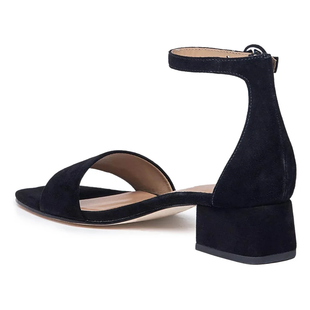 Vegan Suede Open Square Toe Ankle Strap Black Heels Sandals
