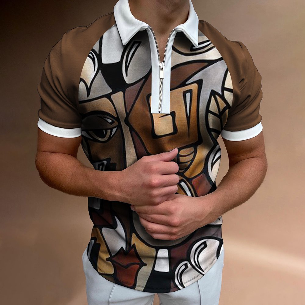 Geometric Graffiti Pattern Zipper Summer Casual Daily Short Sleeve Men's Polo Shirts-VESSFUL