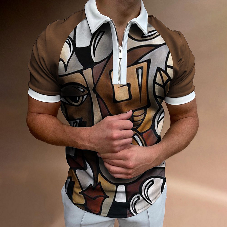 Geometric Graffiti Pattern Zipper Summer Casual Daily Short Sleeve Men's Polo Shirts at Hiphopee