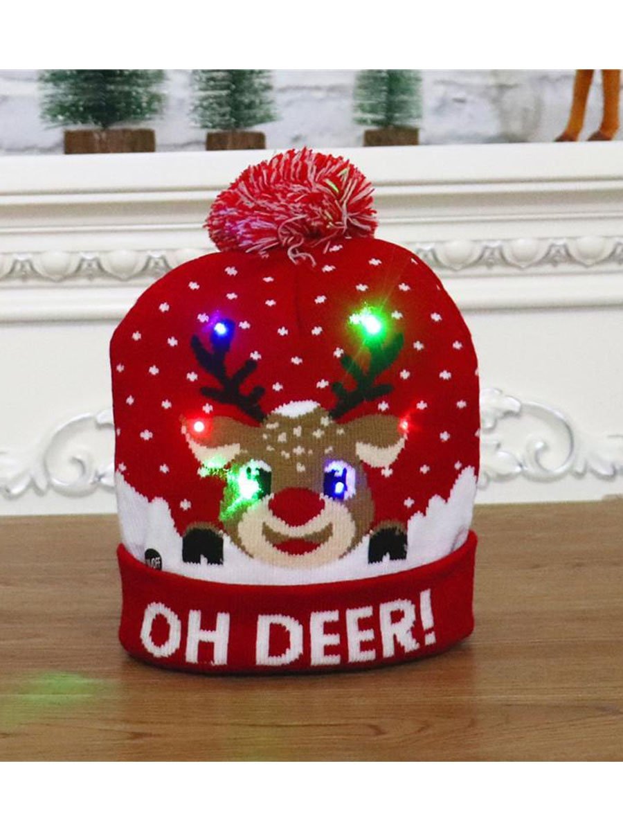 6 Lights Led Christmas Beanie Hat Cute Floral Print Santas Hat
