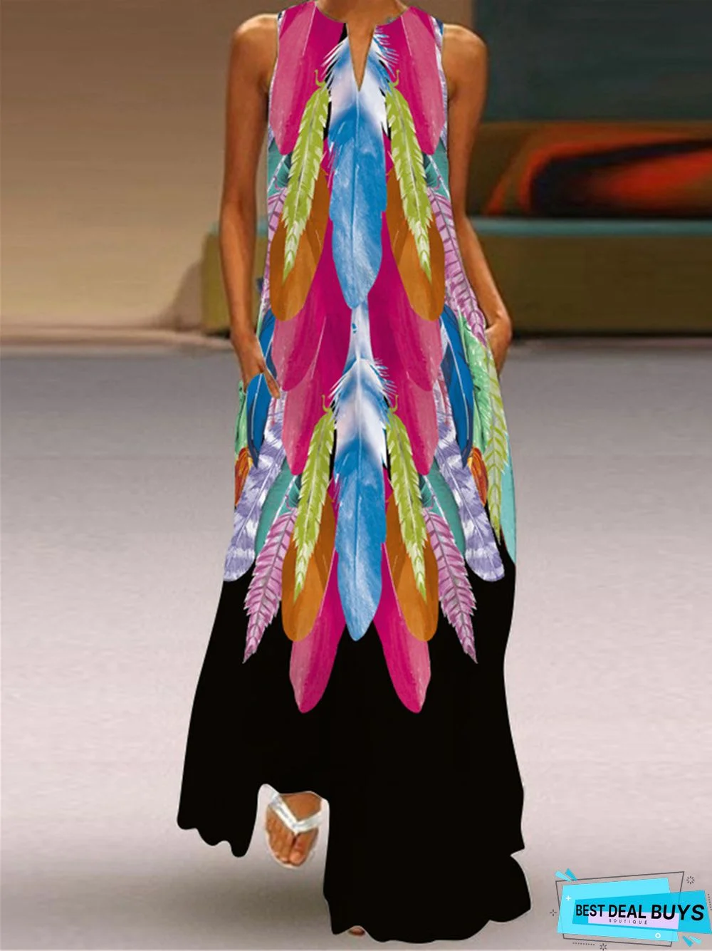 Digital Printed V-Neck Sleeveless Dress Pocket