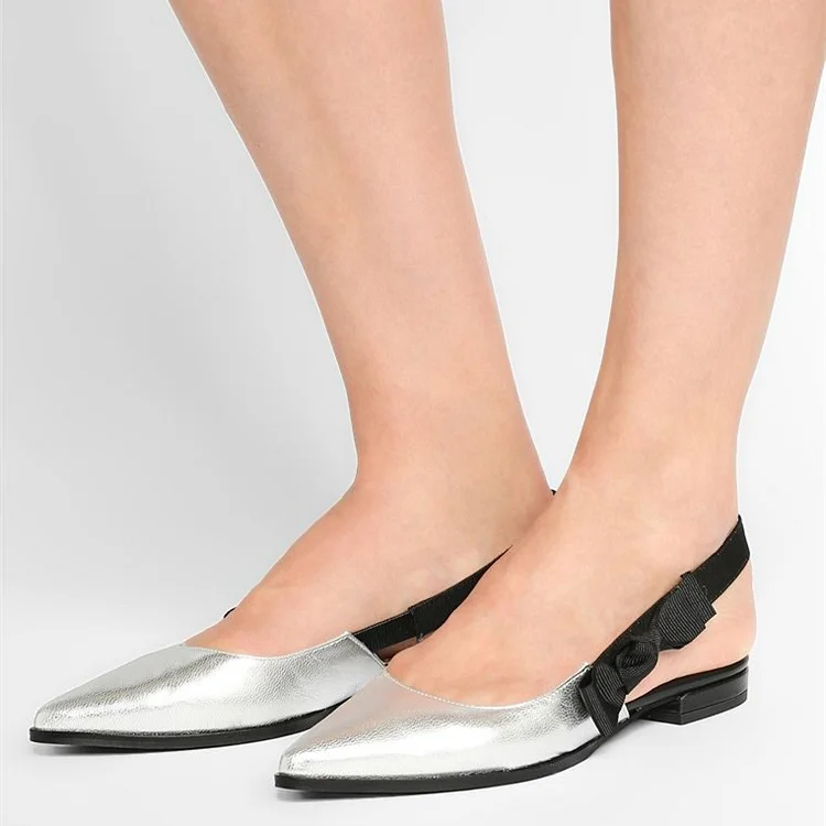 Silver Bow Slingback Shoes Pointy Toe Comfortable Flats |FSJ Shoes