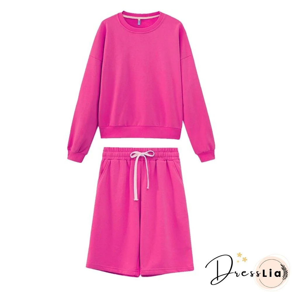 toppies Women Two Piece Set Tracksuits O-neck Sweatshirts Elastic High Waist bermuda shorts solid color