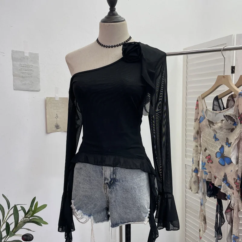 Uveng Tie Dyed Elastic Mesh Oblique Shoulder Irregular Horn Long-Sleeved T-Shirt Flower Short Floated Female 9932