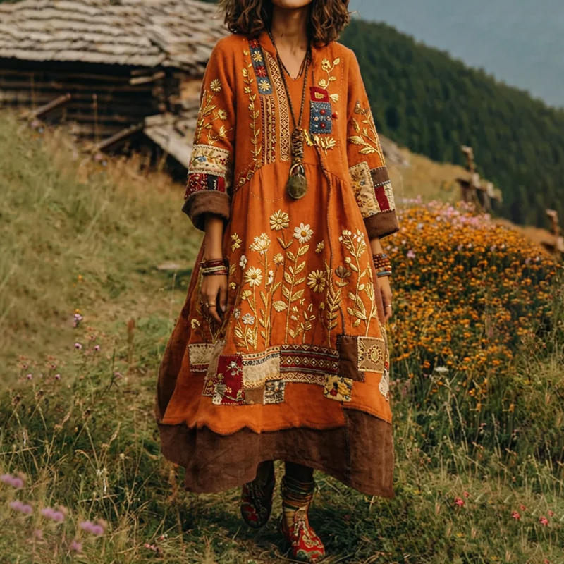 Women's Bohemian Retro Ethnic Floral Color-blocked Art Print Flowy Linen Blend Long-sleeve Casual Dress elevenforest
