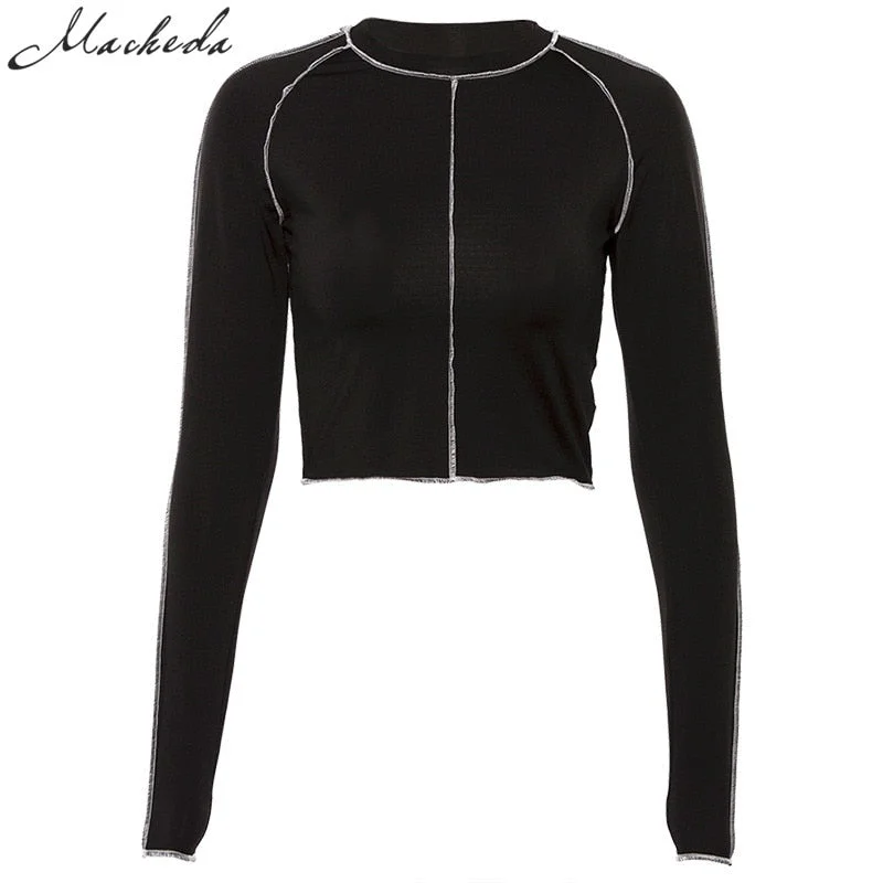 Macheda Black Casual T Shirt Women O-Neck Long Sleeve Slim Crop Tops White Stripe Shirt Skinny Cropped Top Fashion Ladies