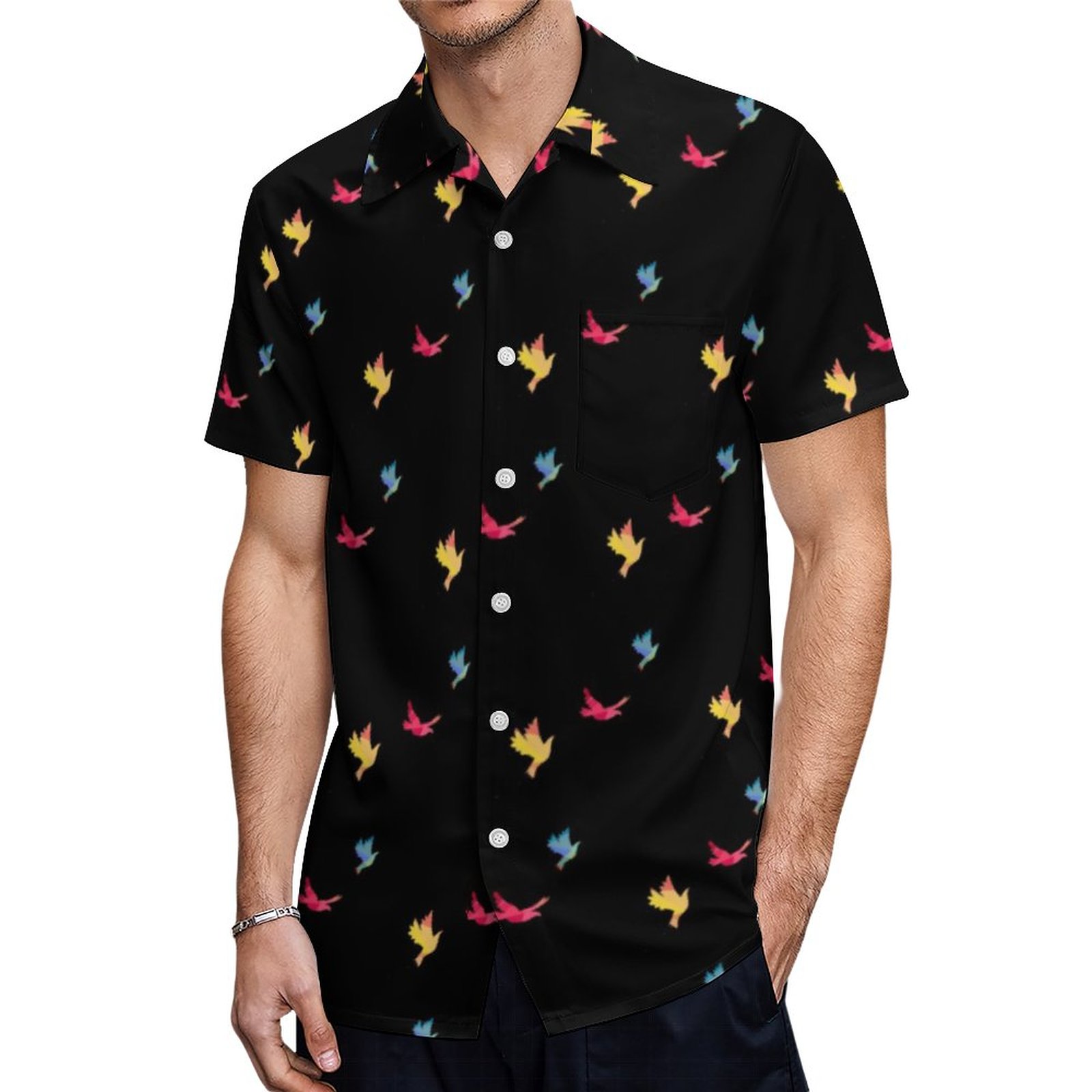Fun Little Blue Yellow Pink Birds Black Background Hawaiian Shirt Mens Button Down Tropical Hawaii Beach Shirts
