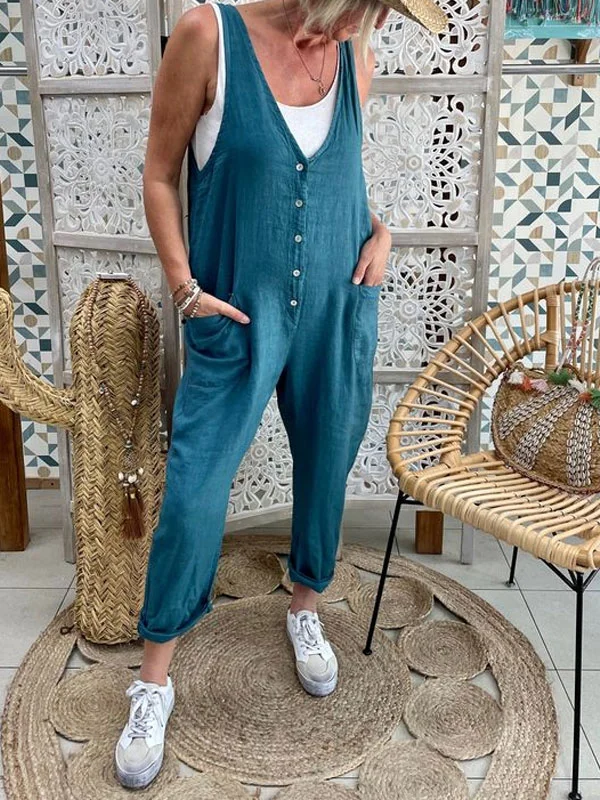 cotton and linen single-breasted casual ladies jumpsuit