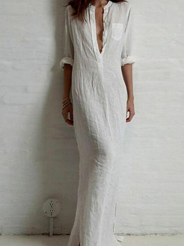 Women's Deep V Cotton Linen Casual Dress-Mayoulove