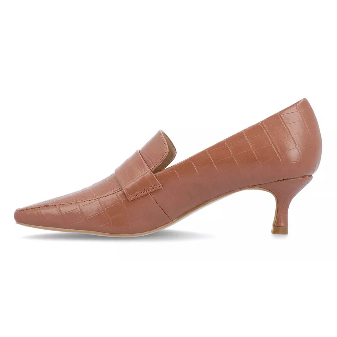 Brown Vegan Leather Kitten Heel Croc Embossed Loafer Shoes Women