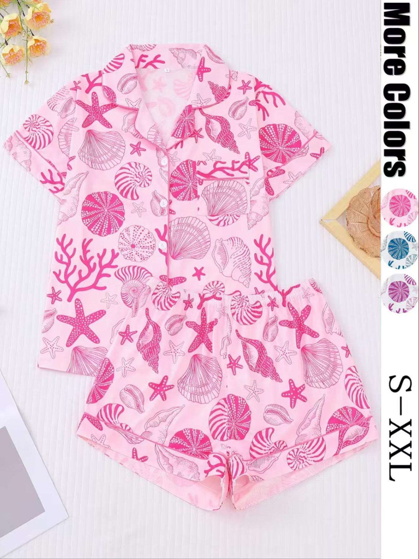Women's All Over Shell Print Short Sleeve Pajama Two-piece Set, Elegant Casual Comfy Button Front Lapel Neck Top & Shorts Set, Ladies Sleepwear for All Seasons, Sleepwear Loungewear