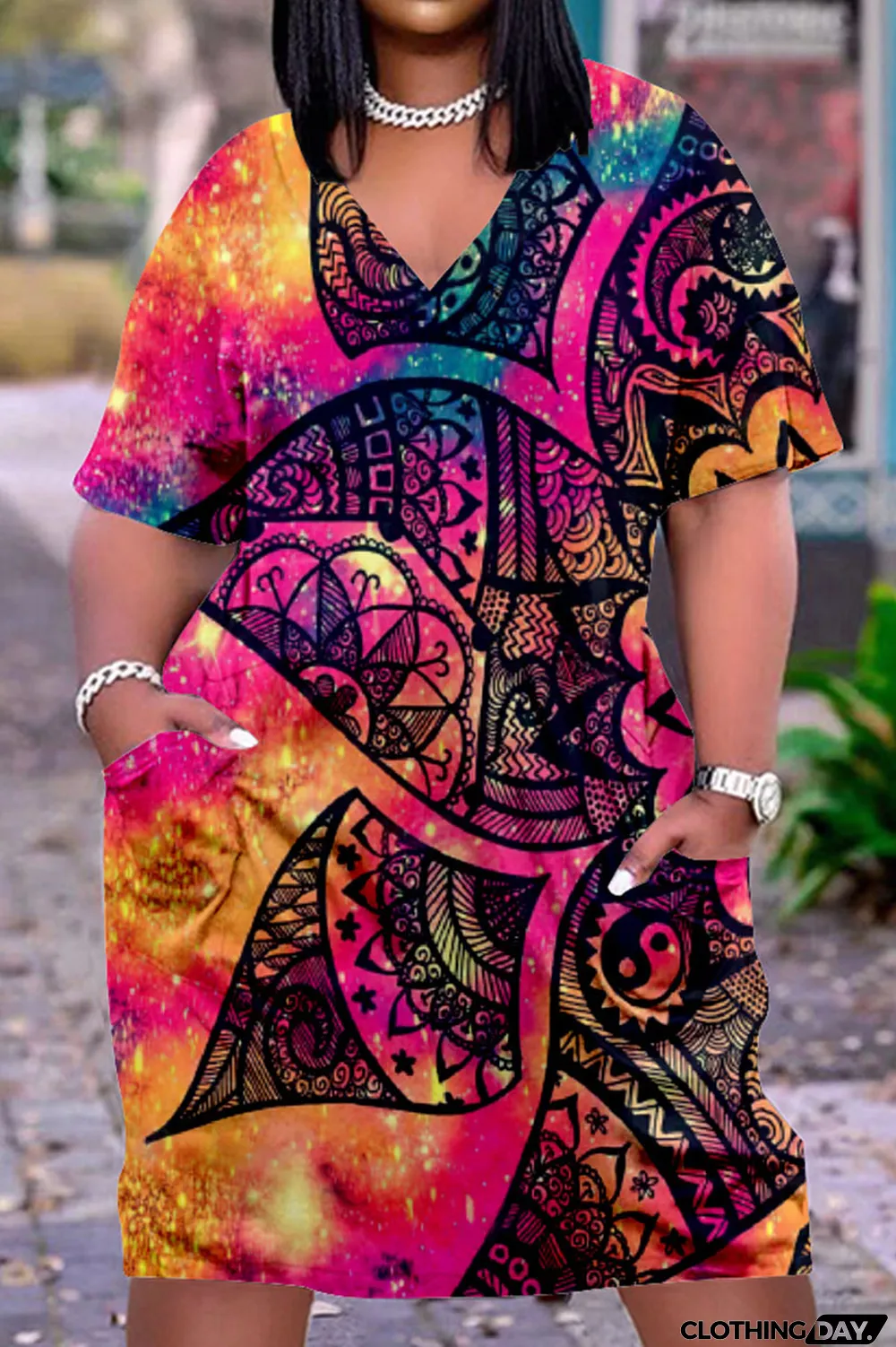 Navy Blue Fashion Casual Print Basic V Neck Short Sleeve Dress