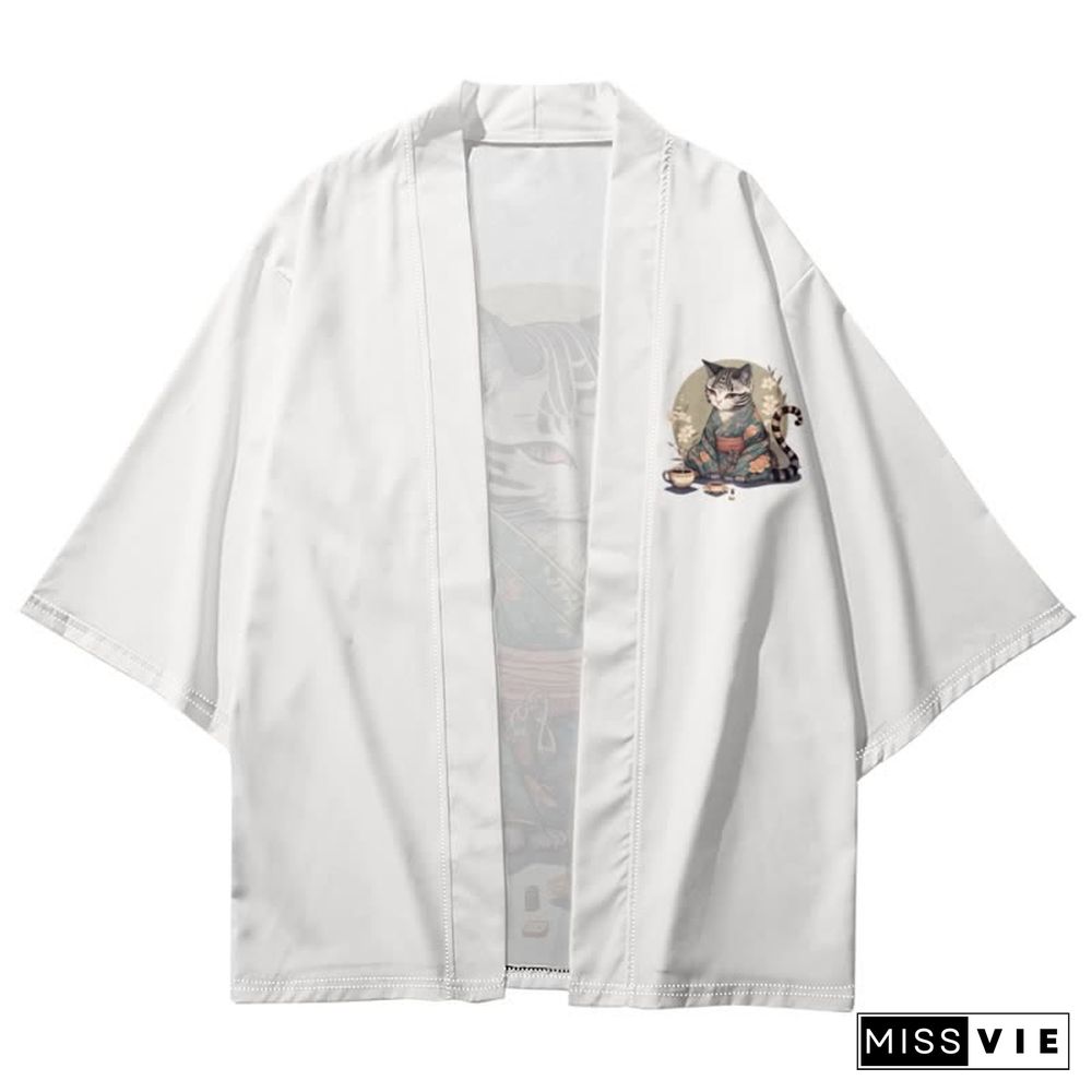 Vintage Cat Warriors Print Cardigan Kimono Outerwear