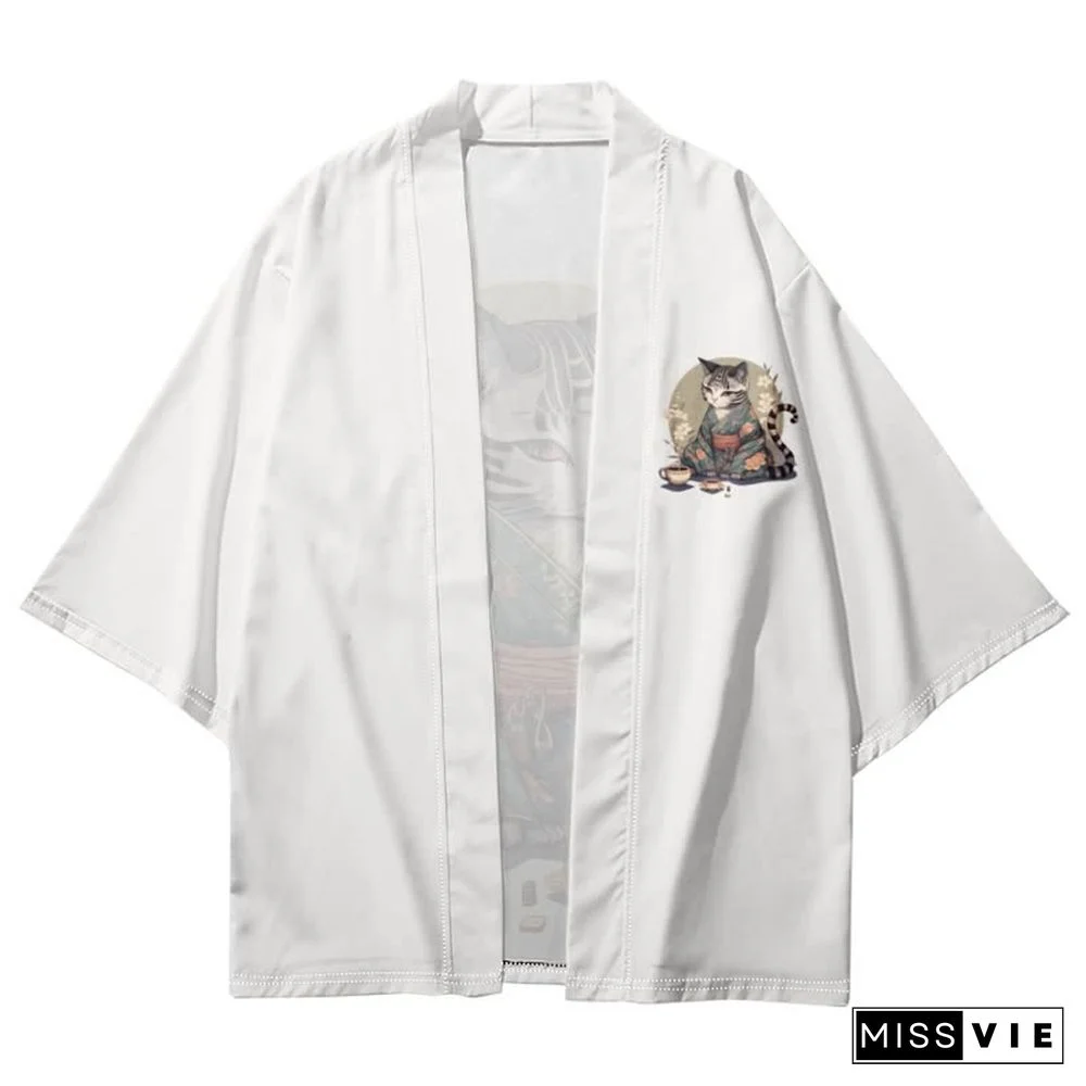 Vintage Cat Warriors Print Cardigan Kimono Outerwear
