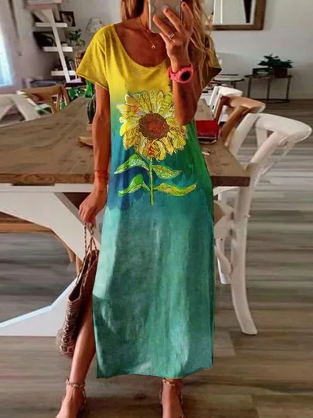 Women Sunflower Printing Maxi Dress