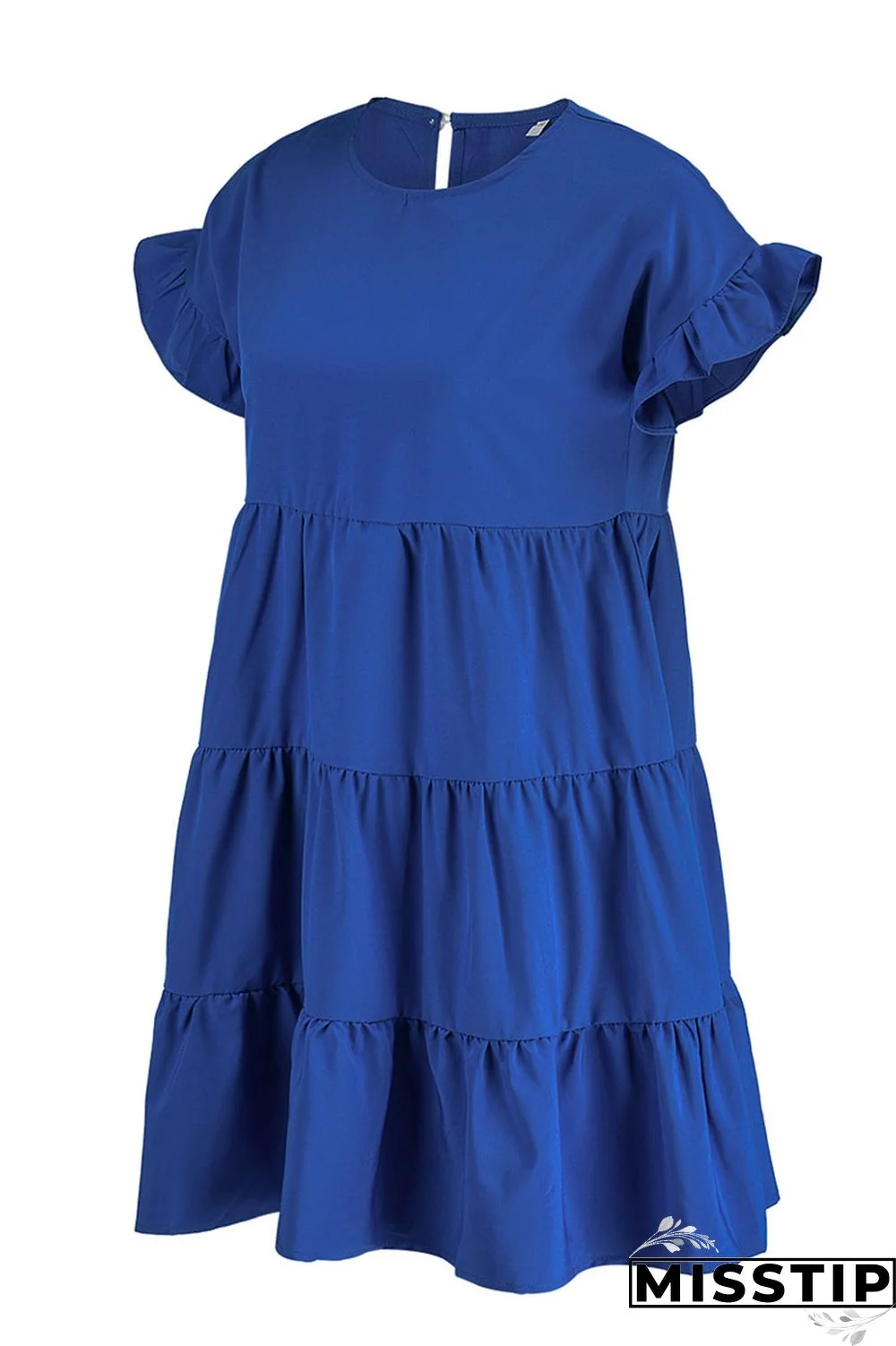 Blue Casual Solid Patchwork Fold Stringy Selvedge O Neck A Line Dresses