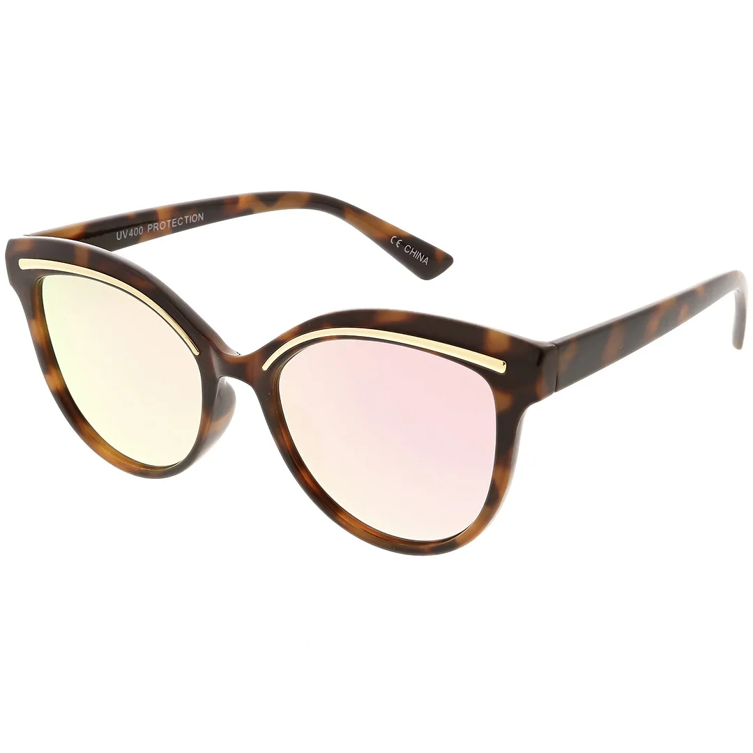 Modern Cat Eye glasses Metal Brow Detail Round Colored Mirror Flat Lens 53mm