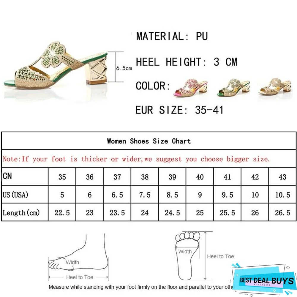 Women High Heels Slipper Peep Toe Hollow Out Crystals Slip On Beach Flip Flops Sandals