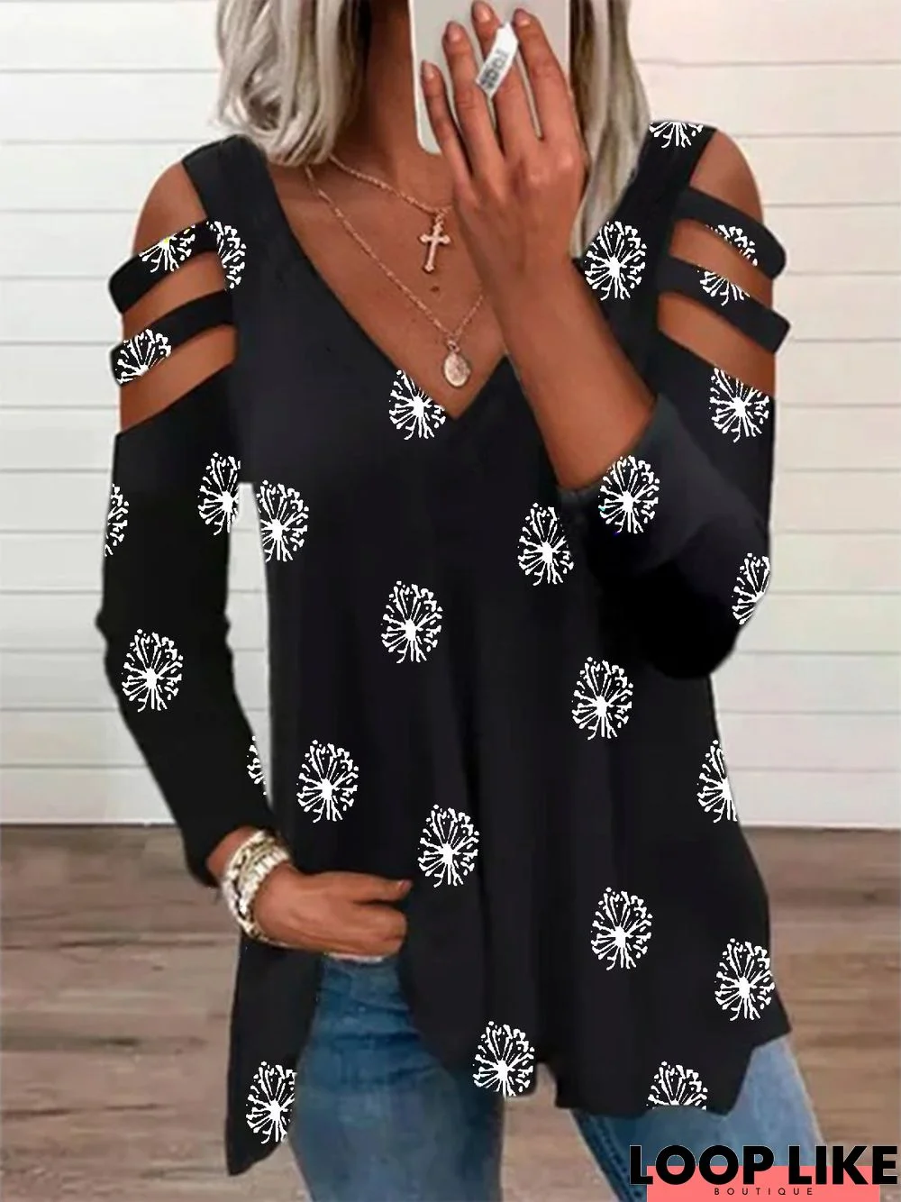 Casual Dandelion V neck Loose Long Sleeve Tunic T-Shirt