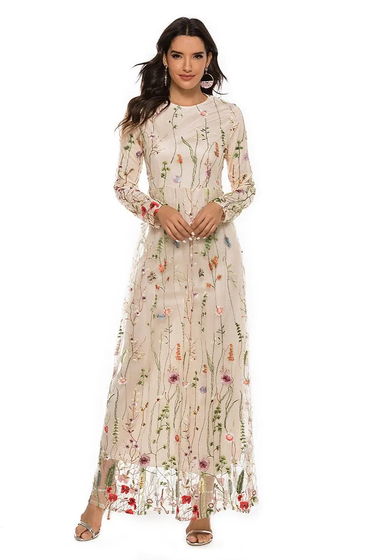 Embroidered Round Neck Long Sleeve Maxi Dress